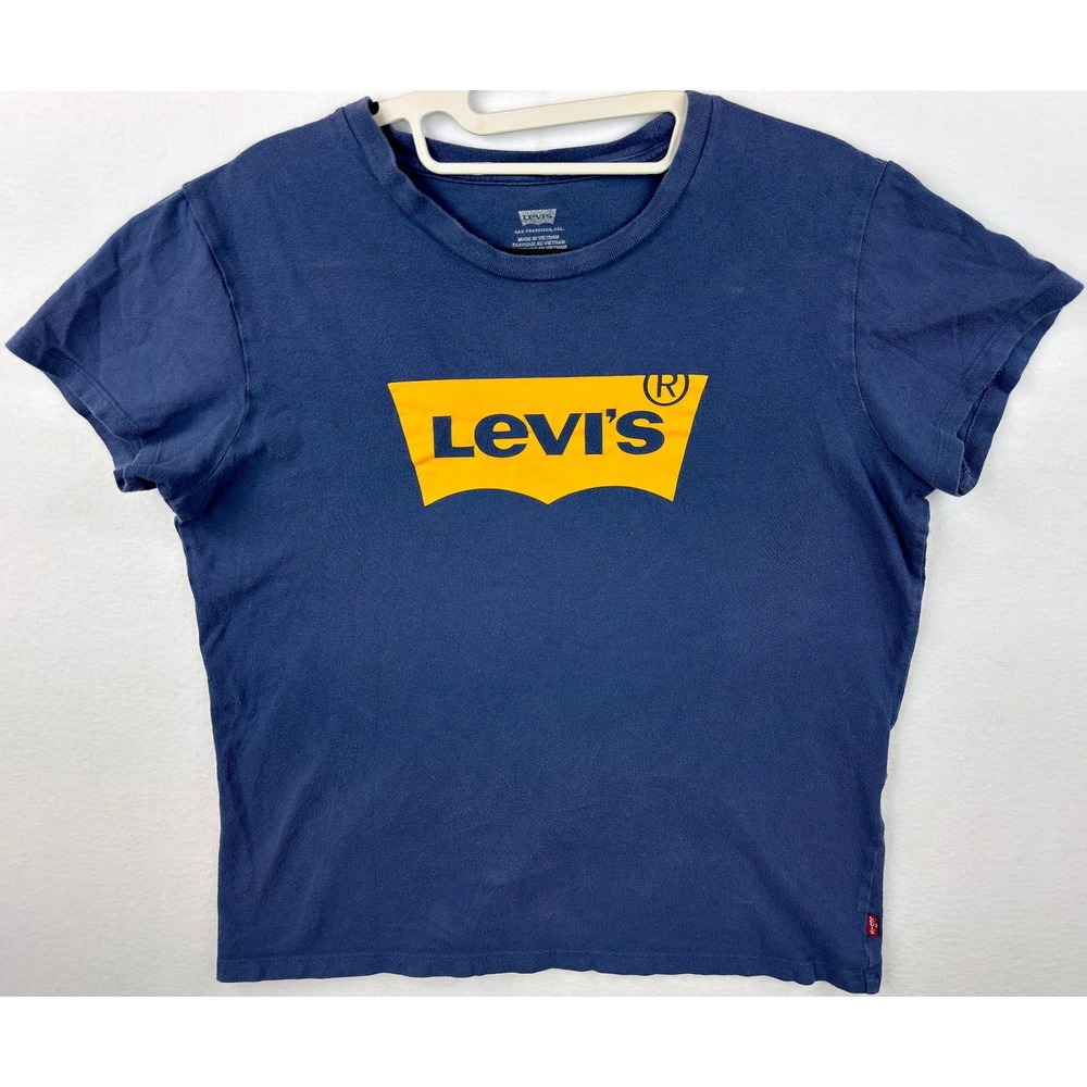 Levi's Batwing Logo T-Shirt Womens Medium Blue Yellow Graphic Tee Short Sleeve